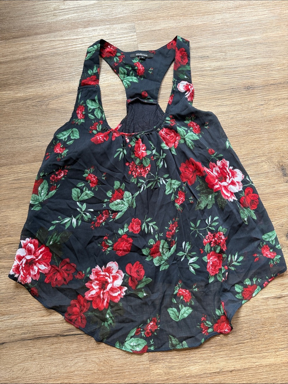 Ambiance Black Floral Racerback Tank with Red Roses